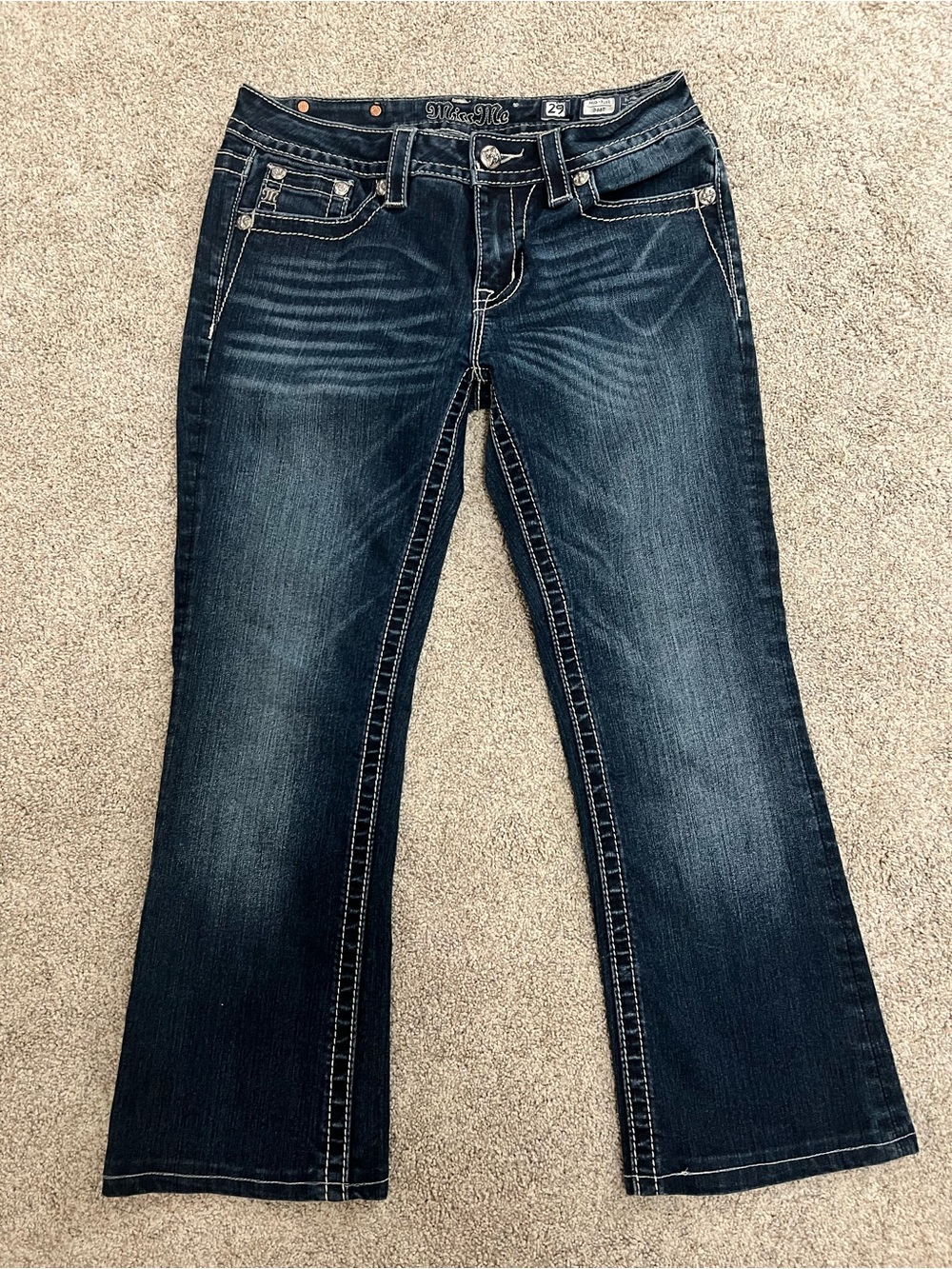 Y2K Miss Me Women's Mid Rise Boot Cut Jeans 29 Embellished Pockets Bling